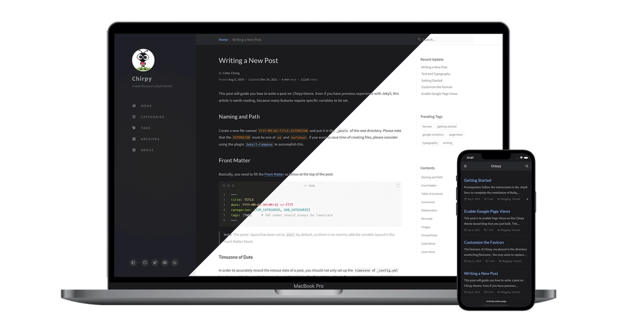 Responsive rendering of Chirpy theme on multiple devices.